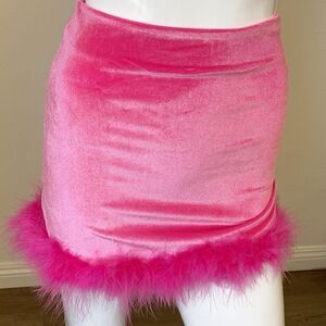 Dolls Kill Brand Sugar Thrillz Pink Velvet Mink Skirt w Marabou Feather Trim